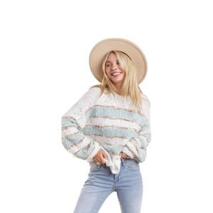 Adora Pullover Sweater Women Plus 3X Striped White Blue Gold Fuzzy Crewneck Knit